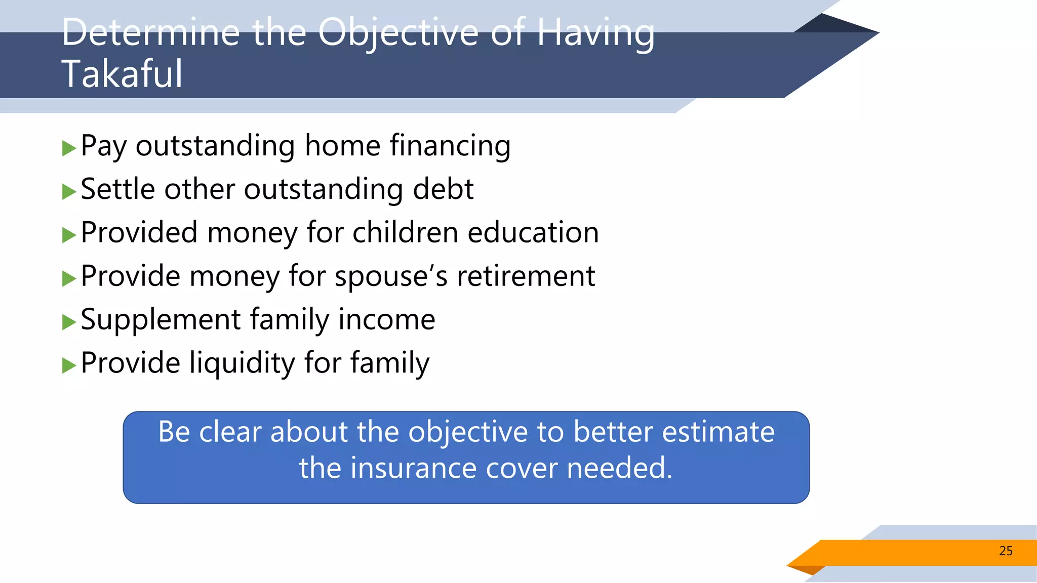 Determine the Objective of Having
Takaful
Pay outstanding home financing
Settle other outstanding debt
Provided money for children education
Provide money for spouse’s retirement
Supplement family income
Provide liquidity for family
Be clear about the objective to better estimate
the insurance cover needed.
25
 