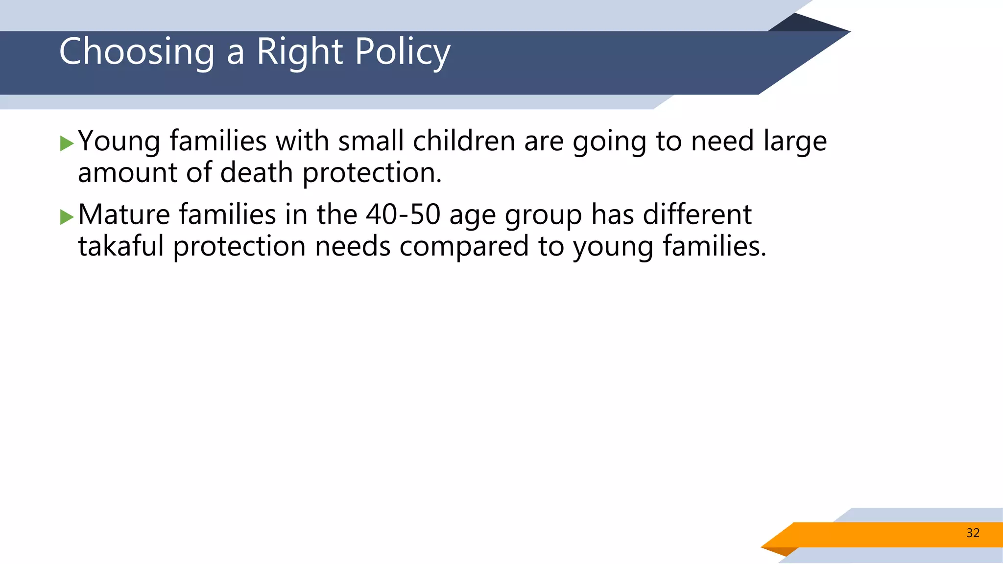 Choosing a Right Policy
Young families with small children are going to need large
amount of death protection.
Mature families in the 40-50 age group has different
takaful protection needs compared to young families.
32
 
