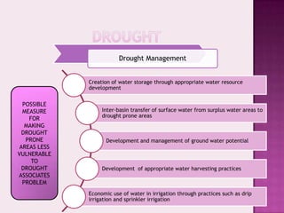 Drought Management


              Creation of water storage through appropriate water resource
              development

  POSSIBLE
  MEASURE          Inter-basin transfer of surface water from surplus water areas to
                   drought prone areas
    FOR
   MAKING
  DROUGHT
   PRONE             Development and management of ground water potential
 AREAS LESS
VULNERABLE
     TO
  DROUGHT          Development of appropriate water harvesting practices
ASSOCIATES
  PROBLEM
              Economic use of water in irrigation through practices such as drip
              irrigation and sprinkler irrigation
 