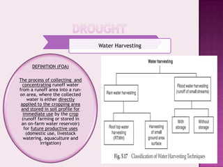 Water Harvesting


      DEFINITION (FOA)

The process of collecting and
  concentrating runoff water
from a runoff area into a run-
on area, where the collected
     water is either directly
 applied to the cropping area
 and stored in soil profile for
  immediate use by the crop
 (runoff farming or stored in
 an on-farm water reservoir)
   for future productive uses
    (domestic use, livestock
  watering, aquaculture and
           irrigation)
 
