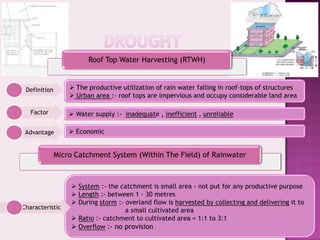 Roof Top Water Harvesting (RTWH)


 Definition        The productive utilization of rain water falling in roof-tops of structures
                   Urban area :- roof tops are impervious and occupy considerable land area

   Factor          Water supply :- inadequate , inefficient , unreliable

 Advantage         Economic


              Micro Catchment System (Within The Field) of Rainwater



                   System :- the catchment is small area - not put for any productive purpose
                   Length :- between 1 – 30 metres
                   During storm :- overland flow is harvested by collecting and delivering it to
Characteristic                      a small cultivated area
                   Ratio :- catchment to cultivated area = 1:1 to 3:1
                   Overflow :- no provision
 