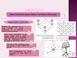 Micro Catchment System (Within The Field) of Rainwater



        Negarim Micro Catchment

Dividing the catchment into a
large    number     of  micro
catchment in a diamond
pattern along the slope

   Each micro catchment is of
   square shape with a small
   earthen bunds at its boundary
   and an infiltration pit is
   provided at the lowest corner

      The pit is the cultivated area
      and usually a tree is grown in
      the pit

          The arrangement of micro
          catchment of sizes 10m^2 to
          100m^2
 