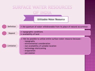 Utilizable Water Resource

Definition    the quantum of water withdrawable from its place of natural occurrence

              topographic conditions
 Depend
              availability of land

              Not be possible to utilize entire surface water resource because:-
               - topography
               - environmental consideration
Limitation     - non-availability of suitable location
               - technology shortcoming
               - evaporation
               - percolation
 