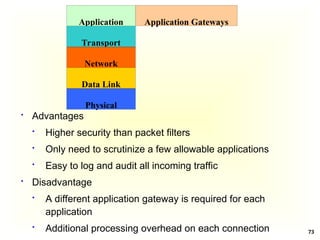73
 Advantages
 Higher security than packet filters
 Only need to scrutinize a few allowable applications
 Easy to log and audit all incoming traffic
 Disadvantage
 A different application gateway is required for each
application
 Additional processing overhead on each connection
Application
Transport
Network
Data Link
Physical
Application Gateways
 