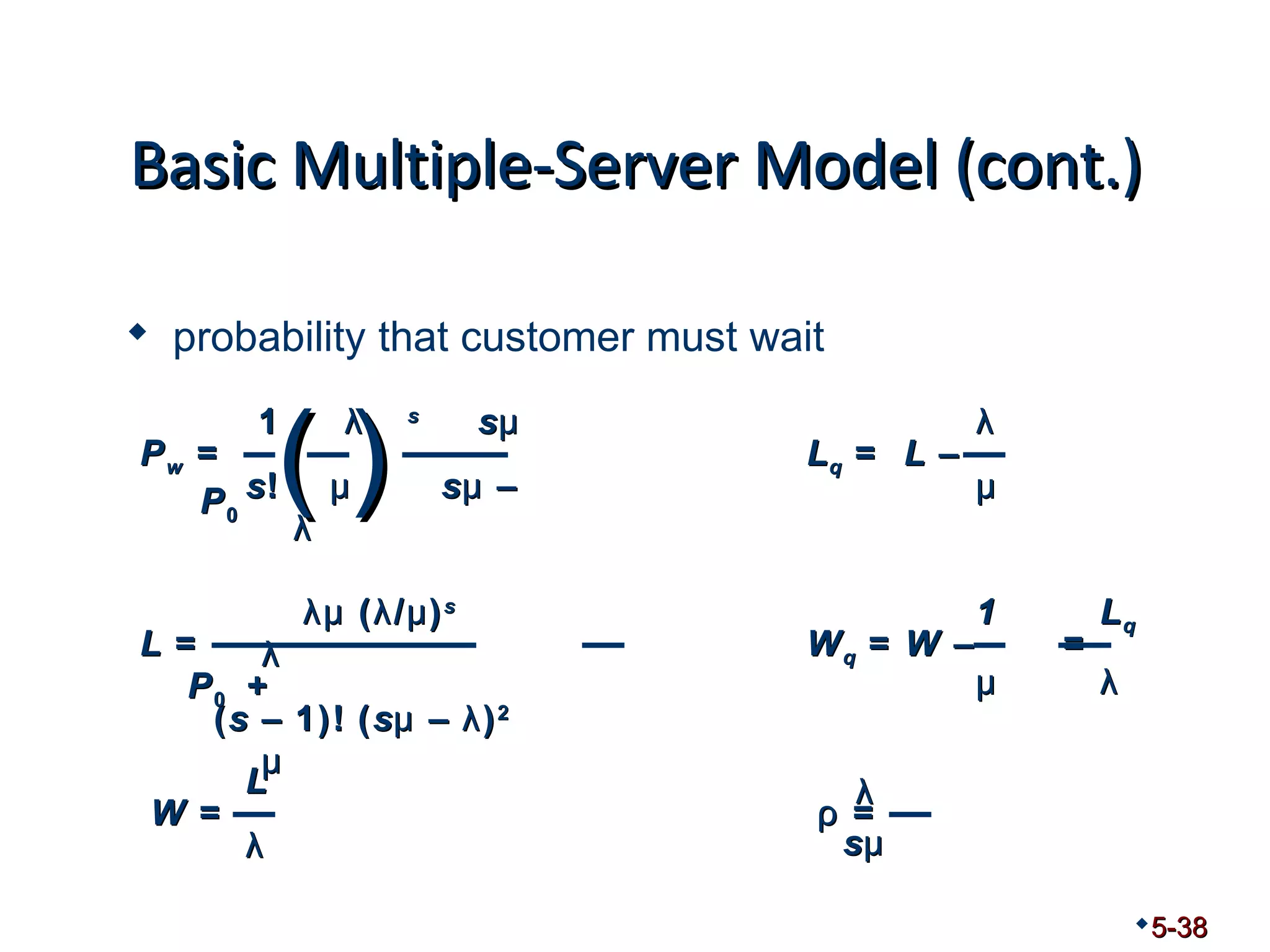 BBaassiicc MMuullttiippllee--SSeerrvveerr MMooddeell ((ccoonntt..)) 
 probability that customer must wait 
5-38 
( ) 1 λλ s sμμ 
s! μμ sμμ –– 
λλ 
Pw = 
P0 
λλμμ (λλ/μμ)s 
λλ 
(s –– 1)! (sμμ –– λλ)2 
μμ 
L = 
P0 + 
L 
λλ 
W = 
Lq = L –– 
λλ 
μμ 
1 Lq 
μμ λλ 
Wq = W –– = 
ρρ =λλ 
sμμ 
 