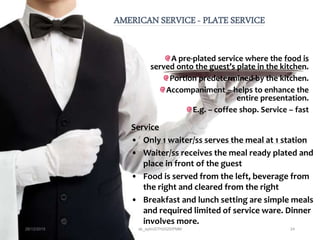 A pre-plated service where the food is
served onto the guest’s plate in the kitchen.
Portion predetermined by the kitchen.
Accompaniment – helps to enhance the
entire presentation.
E.g. – coffee shop. Service – fast
AMERICAN SERVICE - PLATE SERVICE
Service
• Only 1 waiter/ss serves the meal at 1 station
• Waiter/ss receives the meal ready plated and
place in front of the guest
• Food is served from the left, beverage from
the right and cleared from the right
• Breakfast and lunch setting are simple meals
and required limited of service ware. Dinner
involves more.
28/12/2015 ak_aylin/DTH2025/PMM 24
 