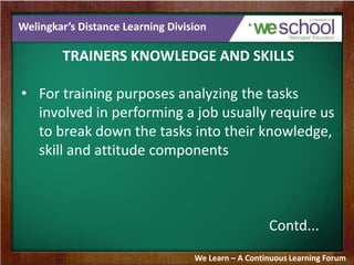 Welingkar’s Distance Learning Division
TRAINERS KNOWLEDGE AND SKILLS
• For training purposes analyzing the tasks
involved in performing a job usually require us
to break down the tasks into their knowledge,
skill and attitude components
Contd...
We Learn – A Continuous Learning Forum
 