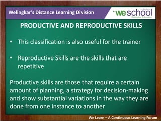 Welingkar’s Distance Learning Division
PRODUCTIVE AND REPRODUCTIVE SKILLS
• This classification is also useful for the trainer
• Reproductive Skills are the skills that are
repetitive
Productive skills are those that require a certain
amount of planning, a strategy for decision-making
and show substantial variations in the way they are
done from one instance to another
We Learn – A Continuous Learning Forum
 