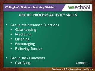 Welingkar’s Distance Learning Division
GROUP PROCESS ACTIVITY SKILLS
• Group Maintenance Functions
• Gate keeping
• Mediating
• Listening
• Encouraging
• Relieving Tension
• Group Task Functions
• Clarifying Contd...
We Learn – A Continuous Learning Forum
 