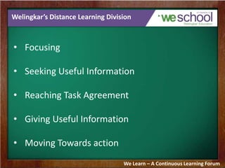Welingkar’s Distance Learning Division
• Focusing
• Seeking Useful Information
• Reaching Task Agreement
• Giving Useful Information
• Moving Towards action
We Learn – A Continuous Learning Forum
 
