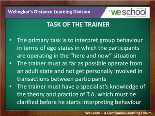Welingkar’s Distance Learning Division
TASK OF THE TRAINER
• The primary task is to interpret group behaviour
in terms of ego states in which the participants
are operating in the “here and now” situation
• The trainer must as far as possible operate from
an adult state and not get personally involved in
transactions between participants
• The trainer must have a specialist’s knowledge of
the theory and practice of T.A. which must be
clarified before he starts interpreting behaviour
We Learn – A Continuous Learning Forum
 