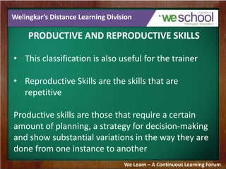 Welingkar’s Distance Learning Division
PRODUCTIVE AND REPRODUCTIVE SKILLS
• This classification is also useful for the tra...