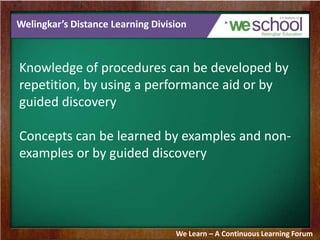 Welingkar’s Distance Learning Division
Knowledge of procedures can be developed by
repetition, by using a performance aid ...
