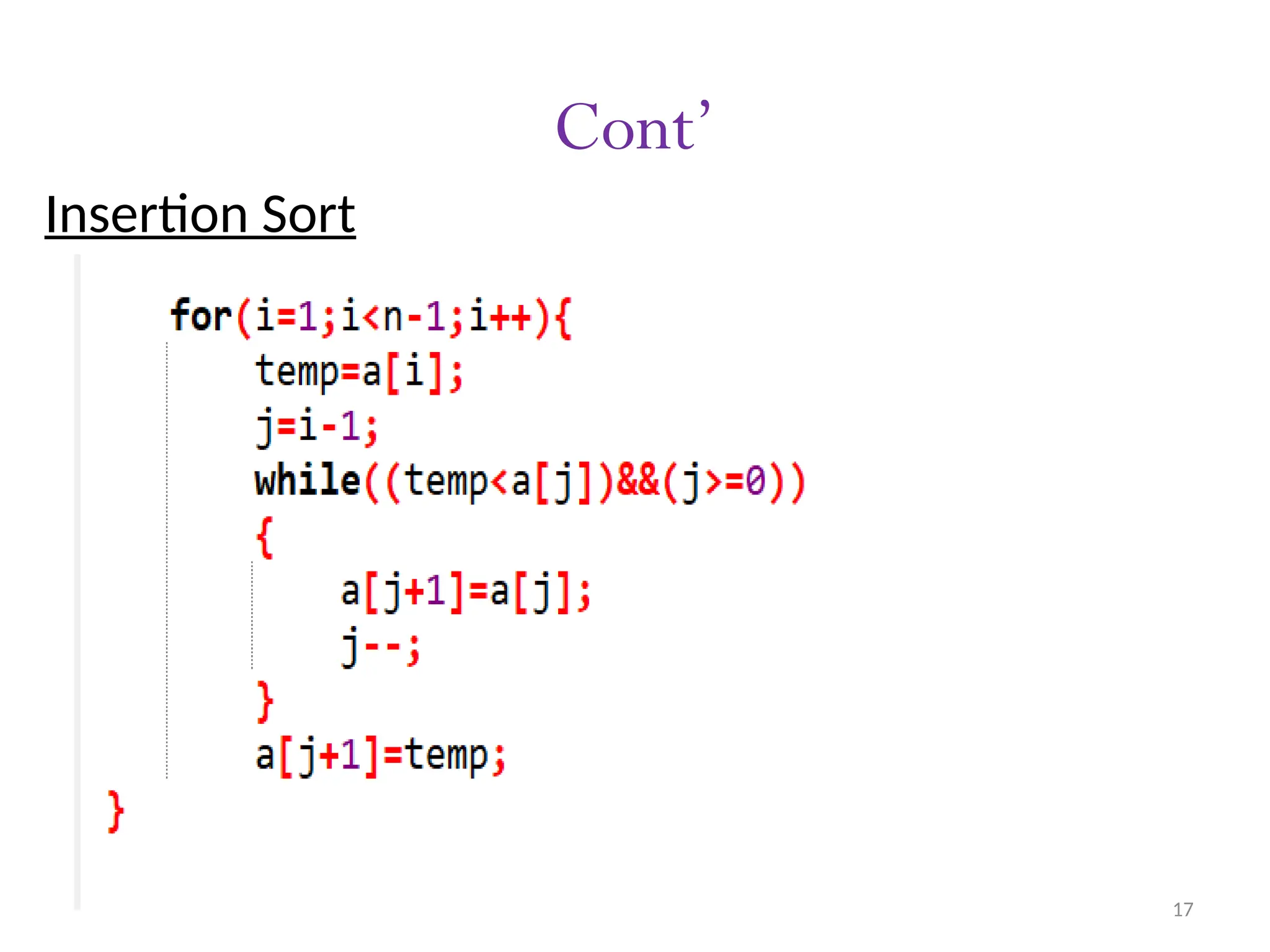 17 Cont’ Insertion Sort 