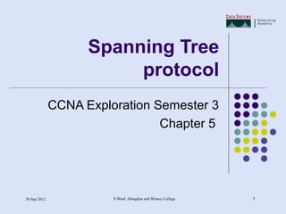 Spanning Tree
                         protocol
              CCNA Exploration Semester 3
                                Chapter 5




30 Sep 2012             S Ward Abingdon and Witney College   1
 