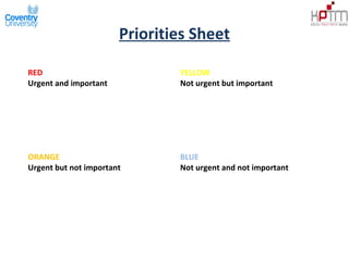 Priorities Sheet
RED
Urgent and important
YELLOW
Not urgent but important
ORANGE
Urgent but not important
BLUE
Not urgent and not important
 