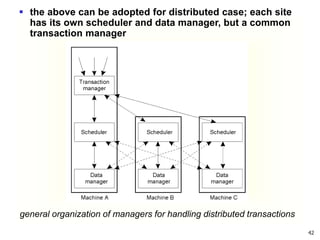 42
general organization of managers for handling distributed transactions
 the above can be adopted for distributed case; each site
has its own scheduler and data manager, but a common
transaction manager
 