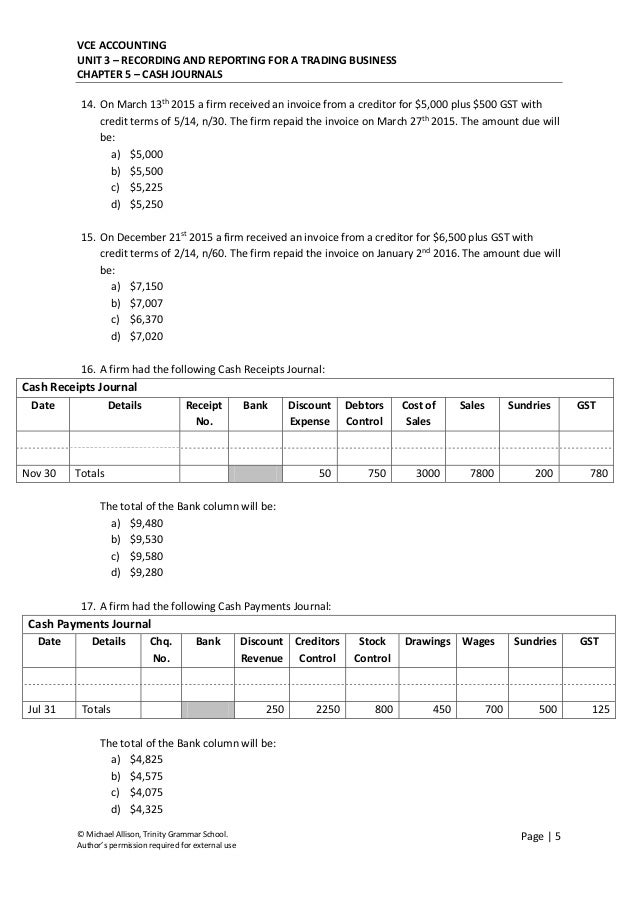 Chapter 5 Cash Journals Test