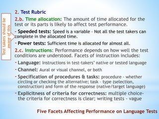 2. Test Rubric
2.b. Time allocation: The amount of time allocated for the
test or its parts is likely to affect test performance.
- Speeded tests: Speed is a variable – Not all the test takers can
complete in the allocated time.
-Power tests: Sufficient time is allocated for almost all.
2.c. Instructions: Performance depends on how well the test
conditions are understood. Facets of instruction includes:
-Language: Instructions in test-takers’ native or tested language
-Channel: Aural or visual channel, or both
-Specification of procedures & tasks: procedure - whether
circling or checking the alternative; task – type (selection,
construction) and form of the response (native/target language)
-Explicitness of criteria for correctness: multiple choice-
the criteria for correctness is clear; writing tests - vague
Testtakersshouldbe
awareofthis
Five Facets Affecting Performance on Language Tests
 