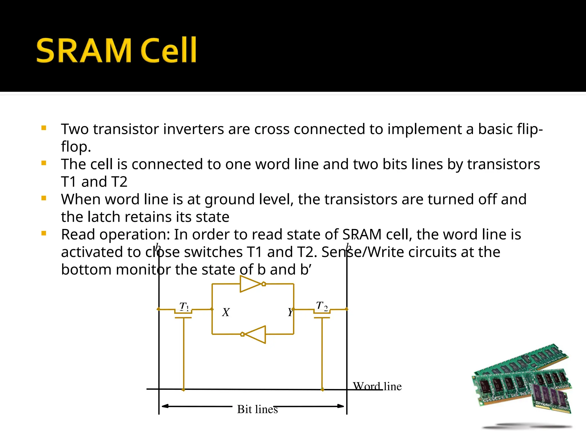  Two transistor inverters are cross connected to implement a basic flip-
flop.
 The cell is connected to one word line and two bits lines by transistors
T1 and T2
 When word line is at ground level, the transistors are turned off and
the latch retains its state
 Read operation: In order to read state of SRAM cell, the word line is
activated to close switches T1 and T2. Sense/Write circuits at the
bottom monitor the state of b and b’
Y
X
Word line
Bit lines
b
T2
T1
b
 