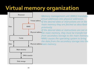 48
Data
Data
DMA transfer
Physical address
Physical address
Virtual address
Disk storage
Main memory
Cache
MMU
Processor
•Memory management unit (MMU) translates
virtual addresses into physical addresses.
•If the desired data or instructions are in the
main memory they are fetched as described
previously.
•If the desired data or instructions are not in
the main memory, they must be transferred
from secondary storage to the main memory.
•MMU causes the operating system to bring
the data from the secondary storage into the
main memory.
 