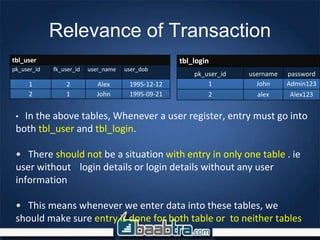 Relevance of Transaction
tbl_login
pk_user_id username password
1 John Admin123
2 alex Alex123
tbl_user
pk_user_id fk_user_id user_name user_dob
1 2 Alex 1995-12-12
2 1 John 1995-09-21
• In the above tables, Whenever a user register, entry must go into
both tbl_user and tbl_login.
• There should not be a situation with entry in only one table . ie
user without login details or login details without any user
information
• This means whenever we enter data into these tables, we
should make sure entry is done for both table or to neither tables
 