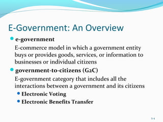 E-Government: An Overview
e-government
E-commerce model in which a government entity
buys or provides goods, services, or information to
businesses or individual citizens
government-to-citizens (G2C)
E-government category that includes all the
interactions between a government and its citizens
Electronic Voting
Electronic Benefits Transfer
5-4
 