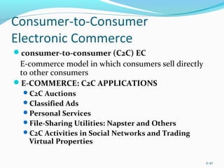 Consumer-to-Consumer
Electronic Commerce
consumer-to-consumer (C2C) EC
E-commerce model in which consumers sell directly
to other consumers
E-COMMERCE: C2C APPLICATIONS
C2C Auctions
Classified Ads
Personal Services
File-Sharing Utilities: Napster and Others
C2C Activities in Social Networks and Trading
Virtual Properties
5-42
 