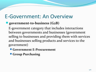 E-Government: An Overview
government-to-business (G2B)
E-government category that includes interactions
between governments and businesses (government
selling to businesses and providing them with services
and businesses selling products and services to the
government)
Government E-Procurement
Group Purchasing
5-6
 