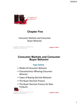 3/8/2015
1
Chapter 5- slide 1Copyright © 2012 Pearson Education, Inc.
Publishing as Prentice Hall
I t ’s good and
good for you
Chapter Five
Consumer Markets and Consumer
Buyer Behavior
Chapter 5- slide 2Copyright © 2012 Pearson Education, Inc.
Publishing as Prentice Hall
Consumer Markets and Consumer
Buyer Behavior
• Model of Consumer Behavior
• Characteristics Affecting Consumer
Behavior
• Types of Buying Decision Behavior
• The Buyer Decision Process
• The Buyer Decision Process for New
Products
Topic Outline
 