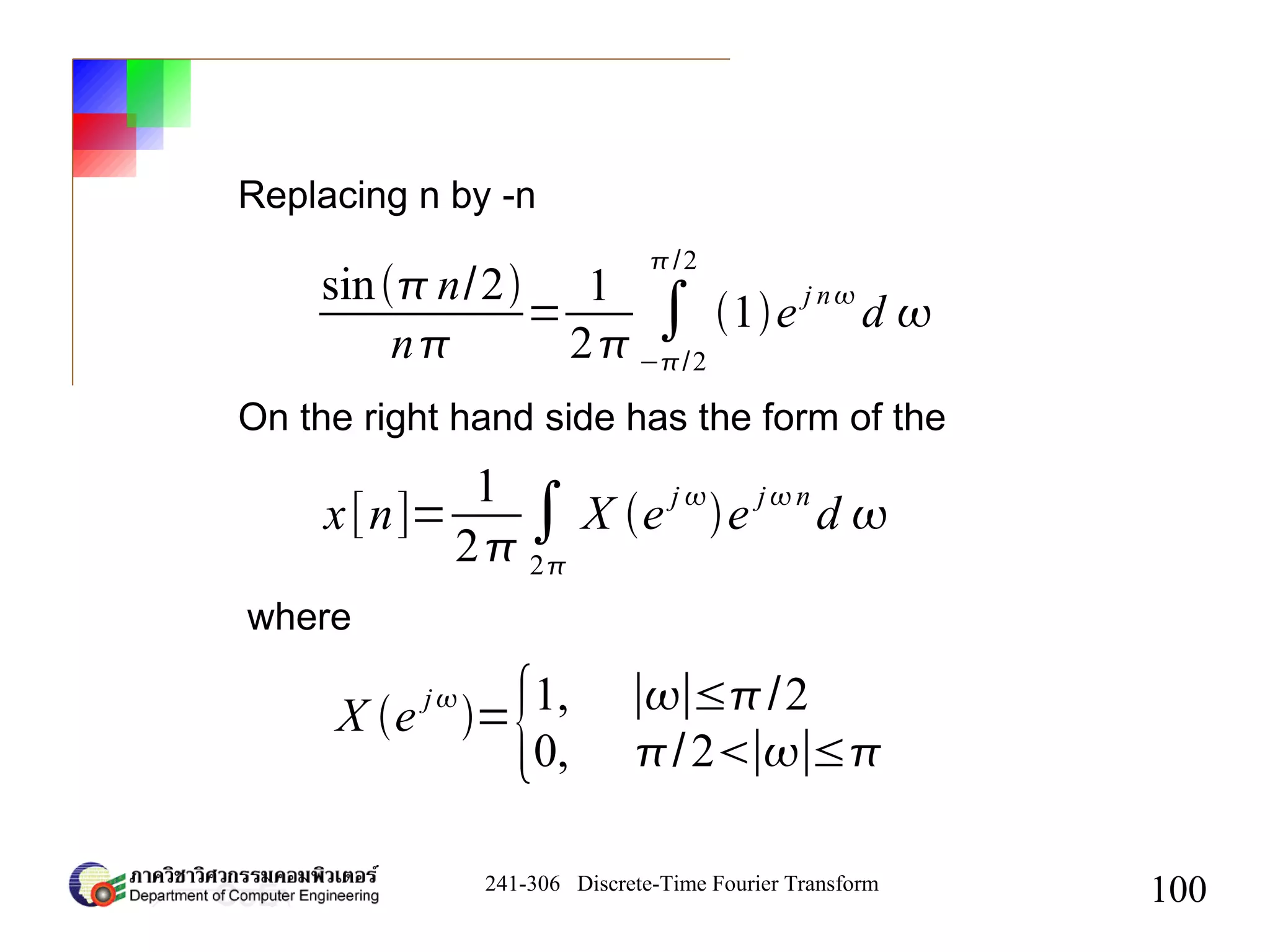 241-306 Discrete-Time Fourier Transform
100
Replacing n by -n
sin n/2
n
=
1
2
∫
−/2
/2
1e j n
d 
On the right hand side has the form of the
x[n]=
1
2
∫
2
X e j 
e jn
d 
where
X e
j
=
{1, ∣∣≤/2
0, /2∣∣≤
 