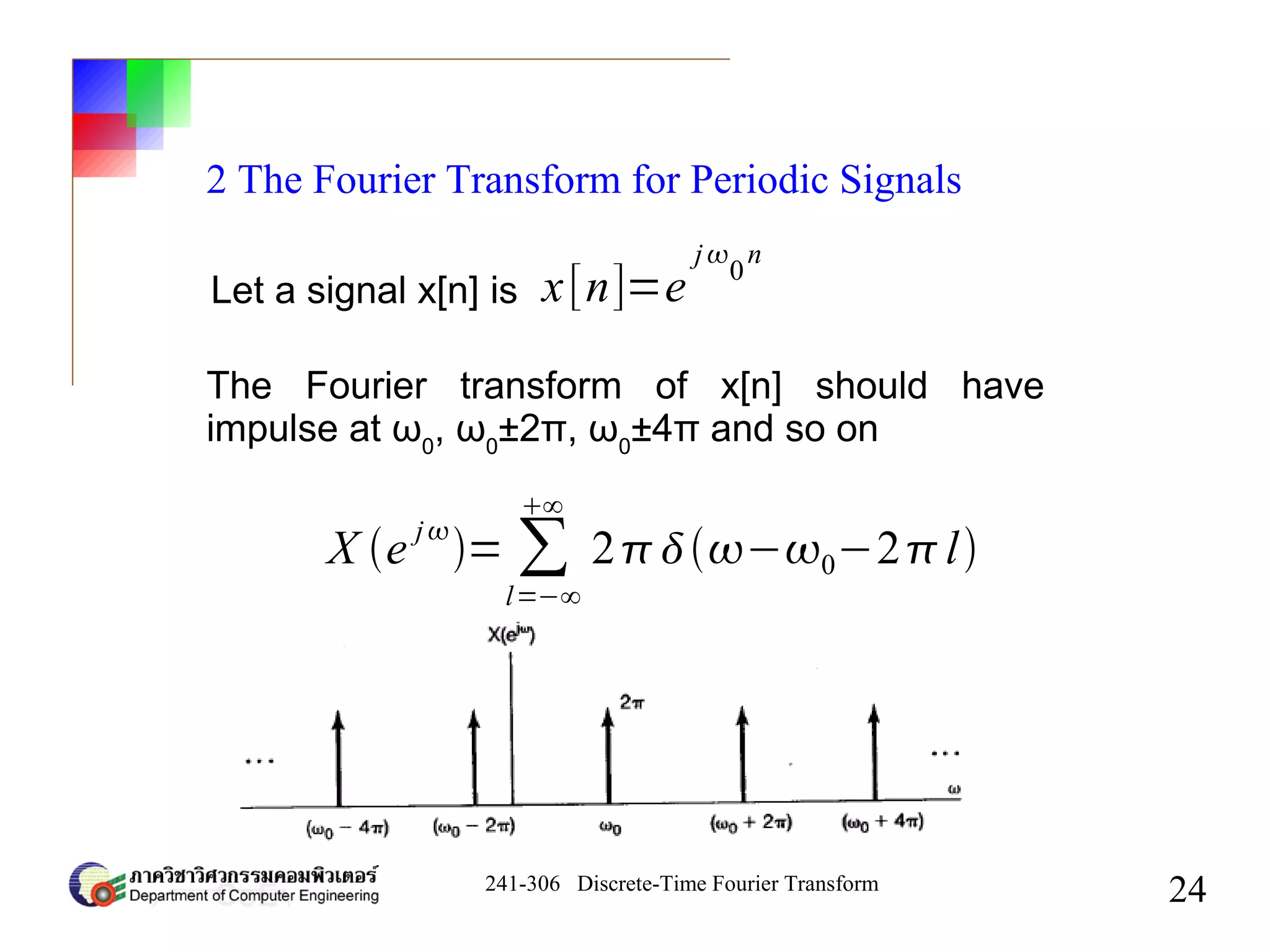241-306 Discrete-Time Fourier Transform
24
2 The Fourier Transform for Periodic Signals
X e
j
= ∑
l=−∞
∞
2−0−2l
Let a signal x[n] is x[n]=e
j
0
n
The Fourier transform of x[n] should have
impulse at ω0
, ω0
±2π, ω0
±4π and so on
 