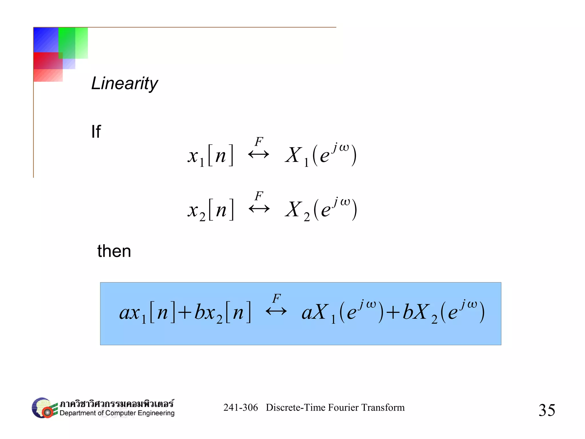 241-306 Discrete-Time Fourier Transform
35
Linearity
x1[n] ↔
F
X 1e
j

x2[n] ↔
F
X 2 e
j 

ax1[n]bx2[n] ↔
F
aX 1e
j 
bX 2e
j

If
then
 