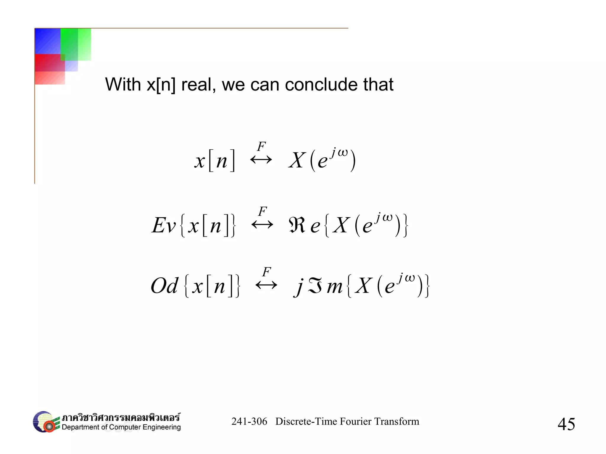 241-306 Discrete-Time Fourier Transform
45
With x[n] real, we can conclude that
x[n] ↔
F
X e
j

Ev{x[n]} ↔
F
ℜe{X e
j
}
Od {x[n]} ↔
F
j ℑm{X e
j
}
 