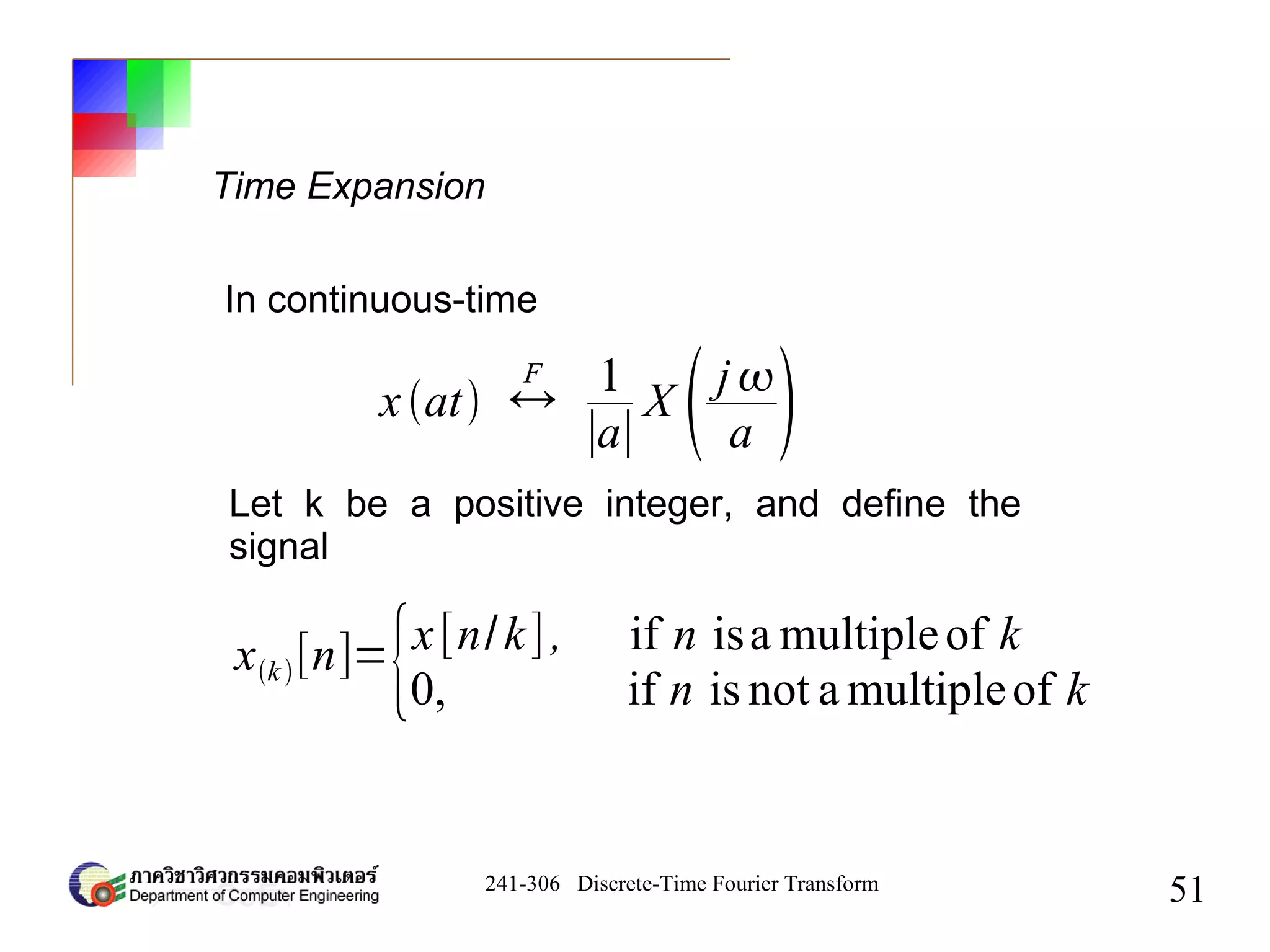 241-306 Discrete-Time Fourier Transform
51
Time Expansion
xat ↔
F 1
∣a∣
X j 
a 
In continuous-time
Let k be a positive integer, and define the
signal
xk[n]=
{x[n/k], if n isa multipleof k
0, if n is not a multipleof k
 