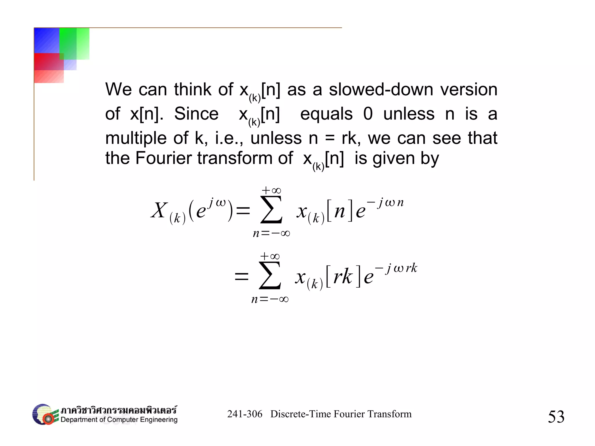 241-306 Discrete-Time Fourier Transform
53
We can think of x(k)
[n] as a slowed-down version
of x[n]. Since x(k)
[n] equals 0 unless n is a
multiple of k, i.e., unless n = rk, we can see that
the Fourier transform of x(k)
[n] is given by
X ke
j 
= ∑
n=−∞
∞
xk[n]e
− jn
= ∑
n=−∞
∞
xk[rk]e
− j rk
 