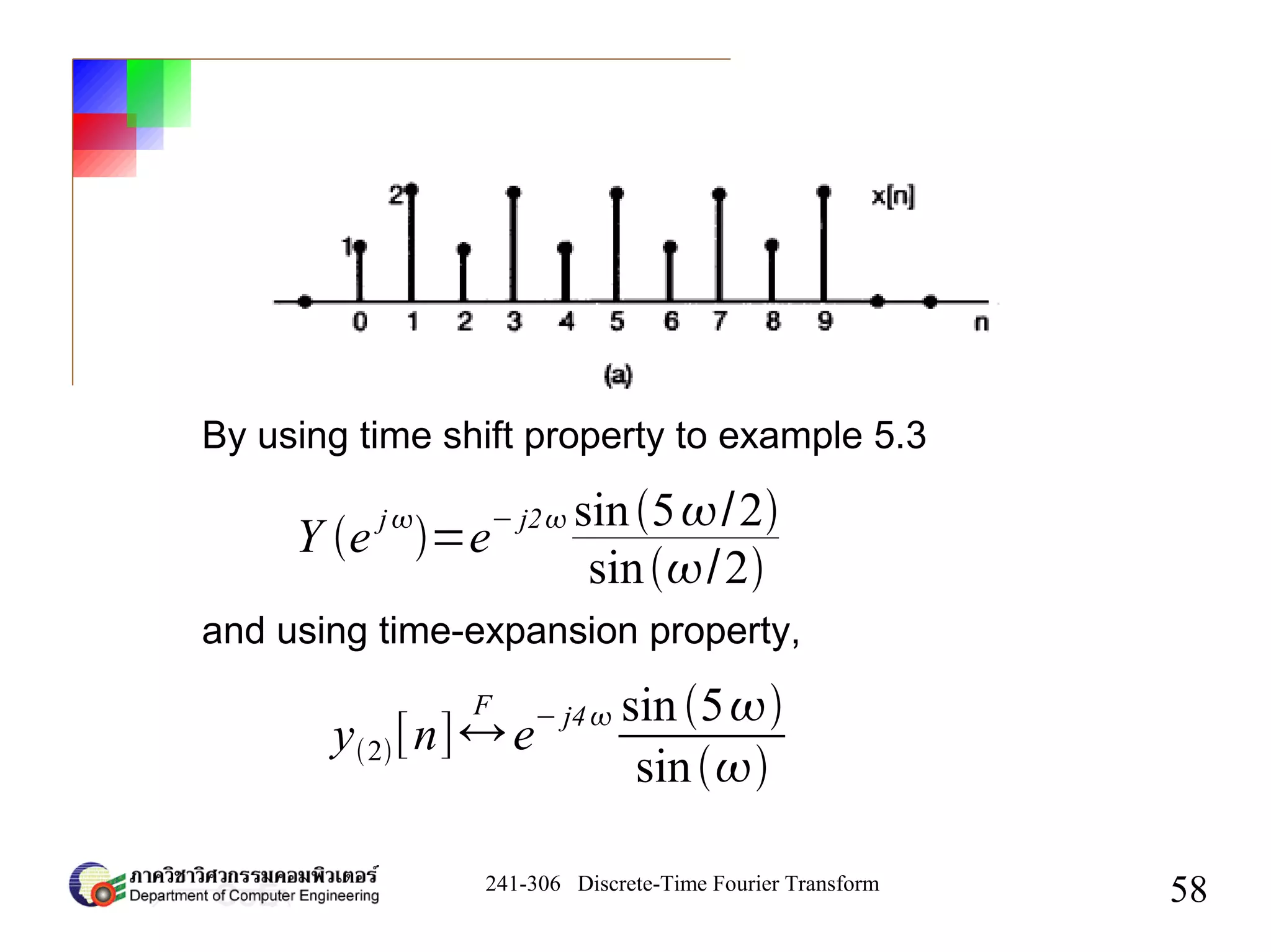 241-306 Discrete-Time Fourier Transform
58
Y e
j
=e
− j2 sin5/2
sin/2
By using time shift property to example 5.3
and using time-expansion property,
y2[n]↔
F
e
− j4 sin5
sin
 