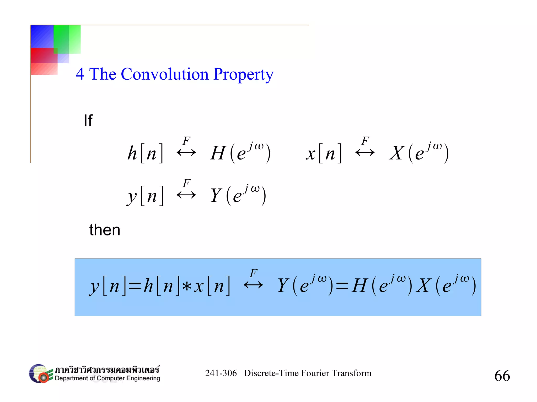 241-306 Discrete-Time Fourier Transform
66
4 The Convolution Property
h[n] ↔
F
H e
j

y[n] ↔
F
Y e
j 

y[n]=h[n]∗x[n] ↔
F
Y e
j 
=H e
j 
 X e
j

If
then
x[n] ↔
F
X e
j

 