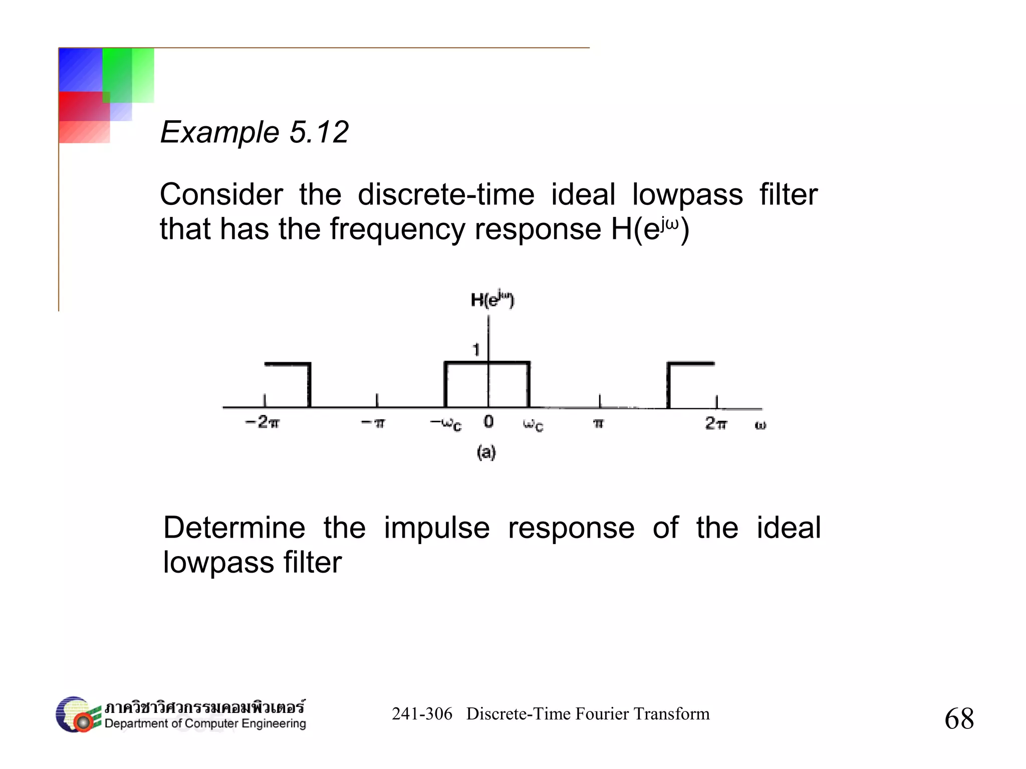 241-306 Discrete-Time Fourier Transform
68
Example 5.12
Consider the discrete-time ideal lowpass filter
that has the frequency response H(ejω
)
Determine the impulse response of the ideal
lowpass filter
 
