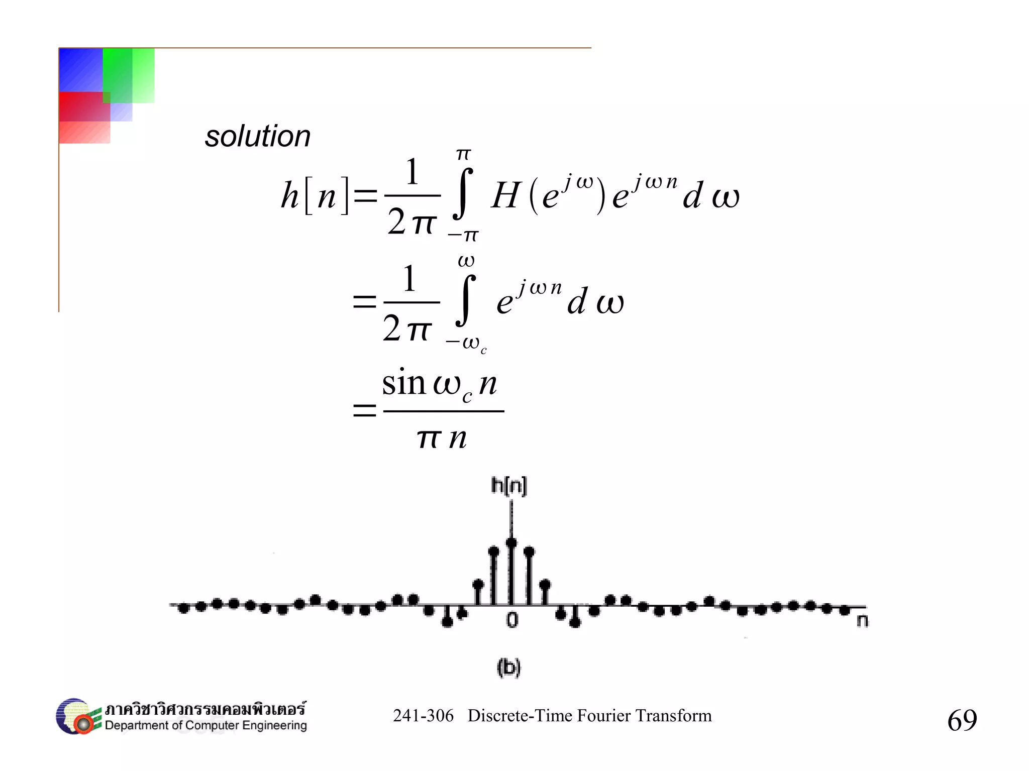 241-306 Discrete-Time Fourier Transform
69
h[n]=
1
2
∫
−

H e
j 
e
jn
d 
=
1
2
∫
−c

e
jn
d 
=
sinc n
n
solution
 