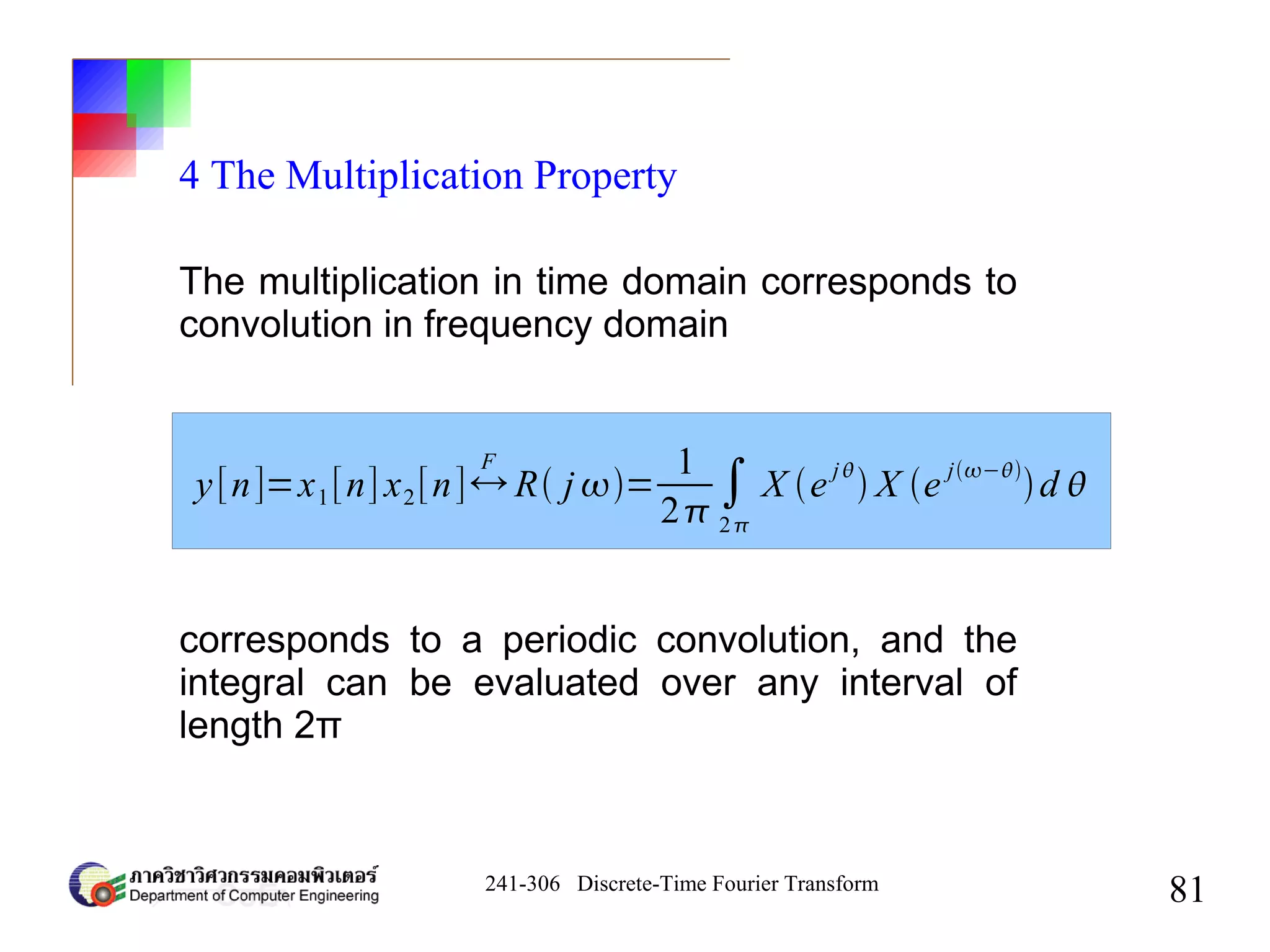 241-306 Discrete-Time Fourier Transform
81
4 The Multiplication Property
y[n]=x1[n] x2[n]↔
F
R j =
1
2
∫
2
X e j
 X e j−
d 
The multiplication in time domain corresponds to
convolution in frequency domain
corresponds to a periodic convolution, and the
integral can be evaluated over any interval of
length 2π
 