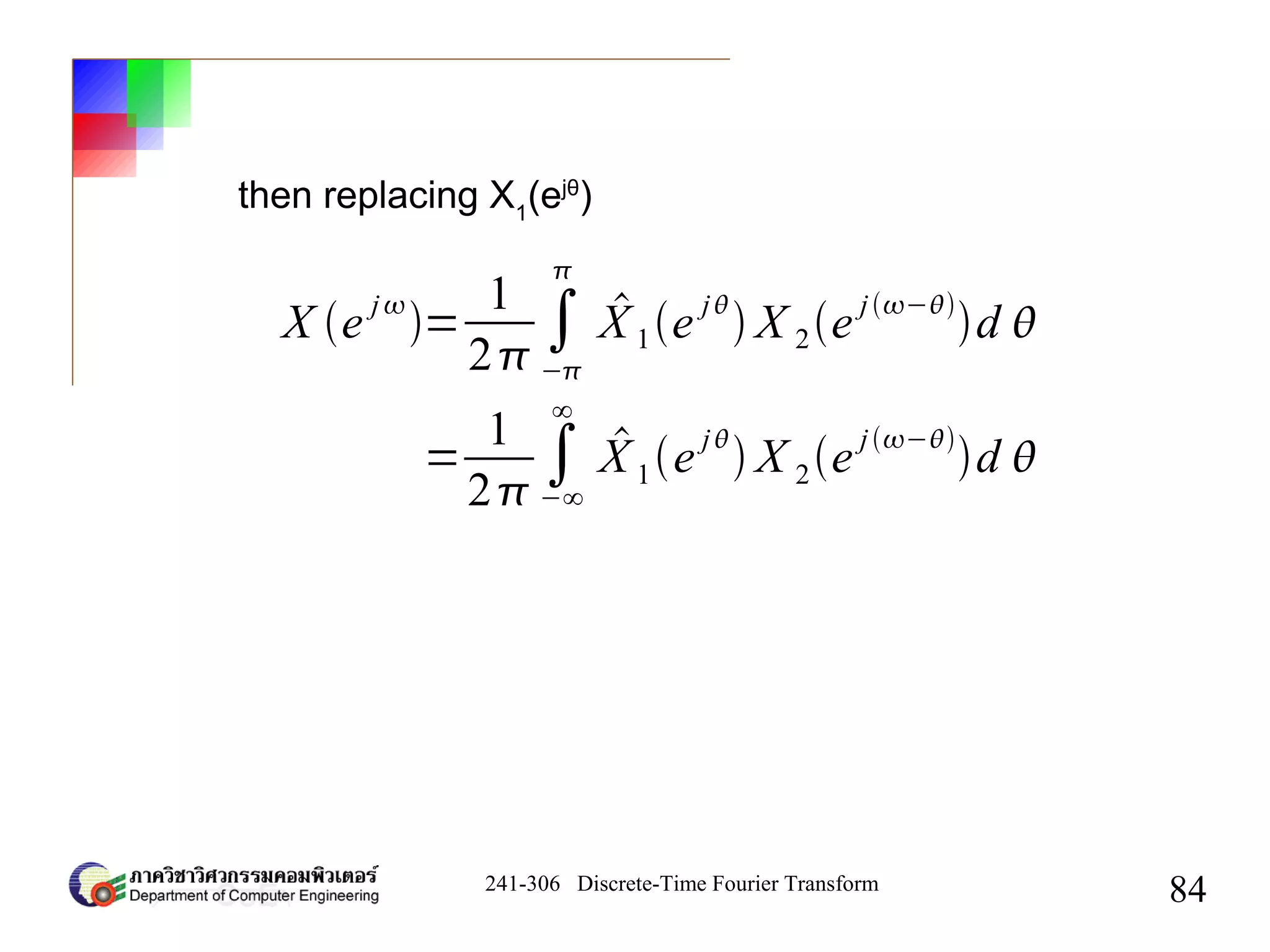241-306 Discrete-Time Fourier Transform
84
then replacing X1
(ejθ
)
X e j
=
1
2
∫
−

X 1e j
 X 2e j−
d 
=
1
2
∫−∞
∞
X 1e
j
 X 2e
j−
d 
 