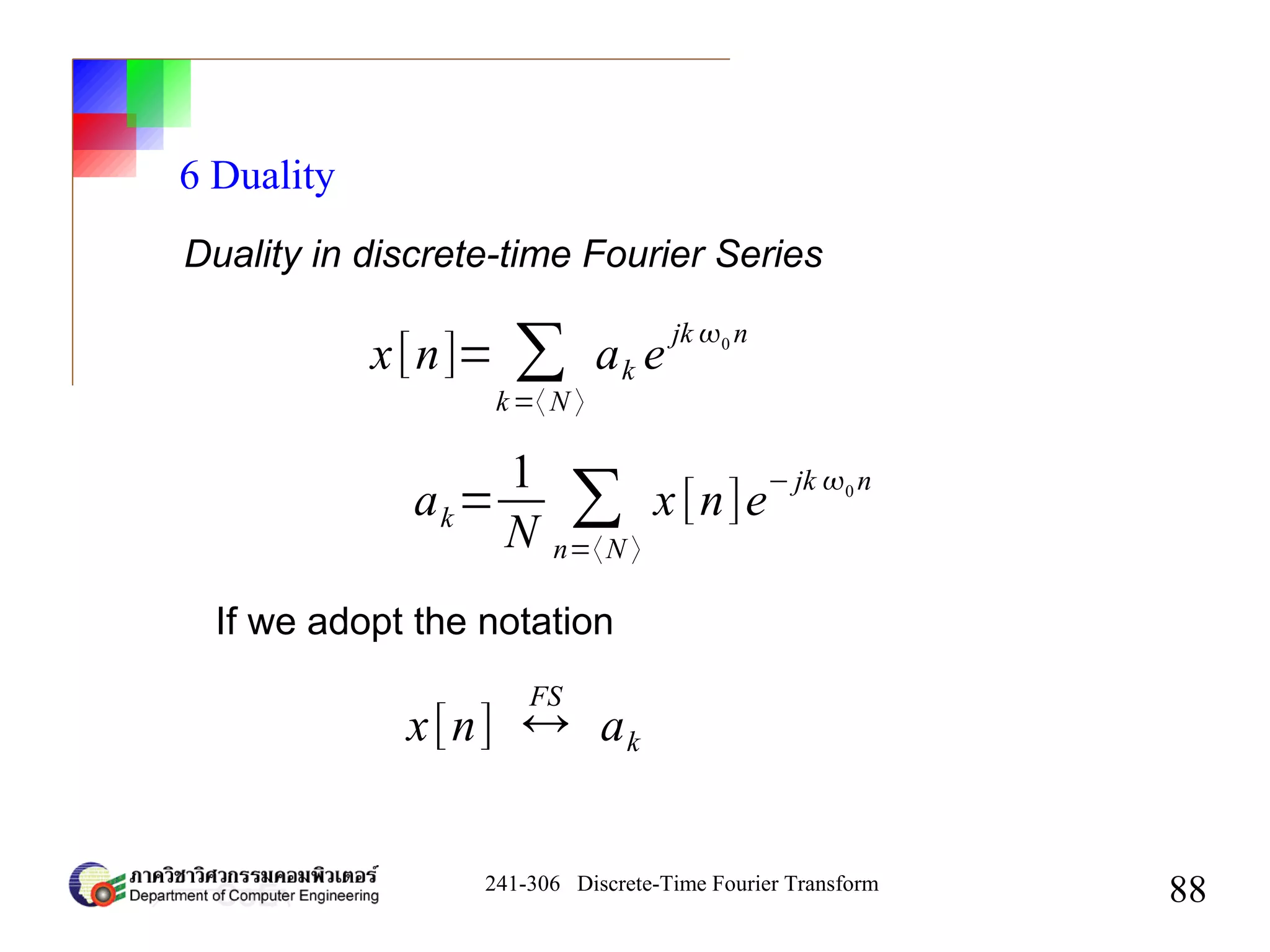 241-306 Discrete-Time Fourier Transform
88
6 Duality
Duality in discrete-time Fourier Series
x[n]= ∑
k=〈 N 〉
ak e
jk 0 n
ak=
1
N
∑
n=〈N 〉
x[n]e
− jk 0 n
x[n] ↔
FS
ak
If we adopt the notation
 