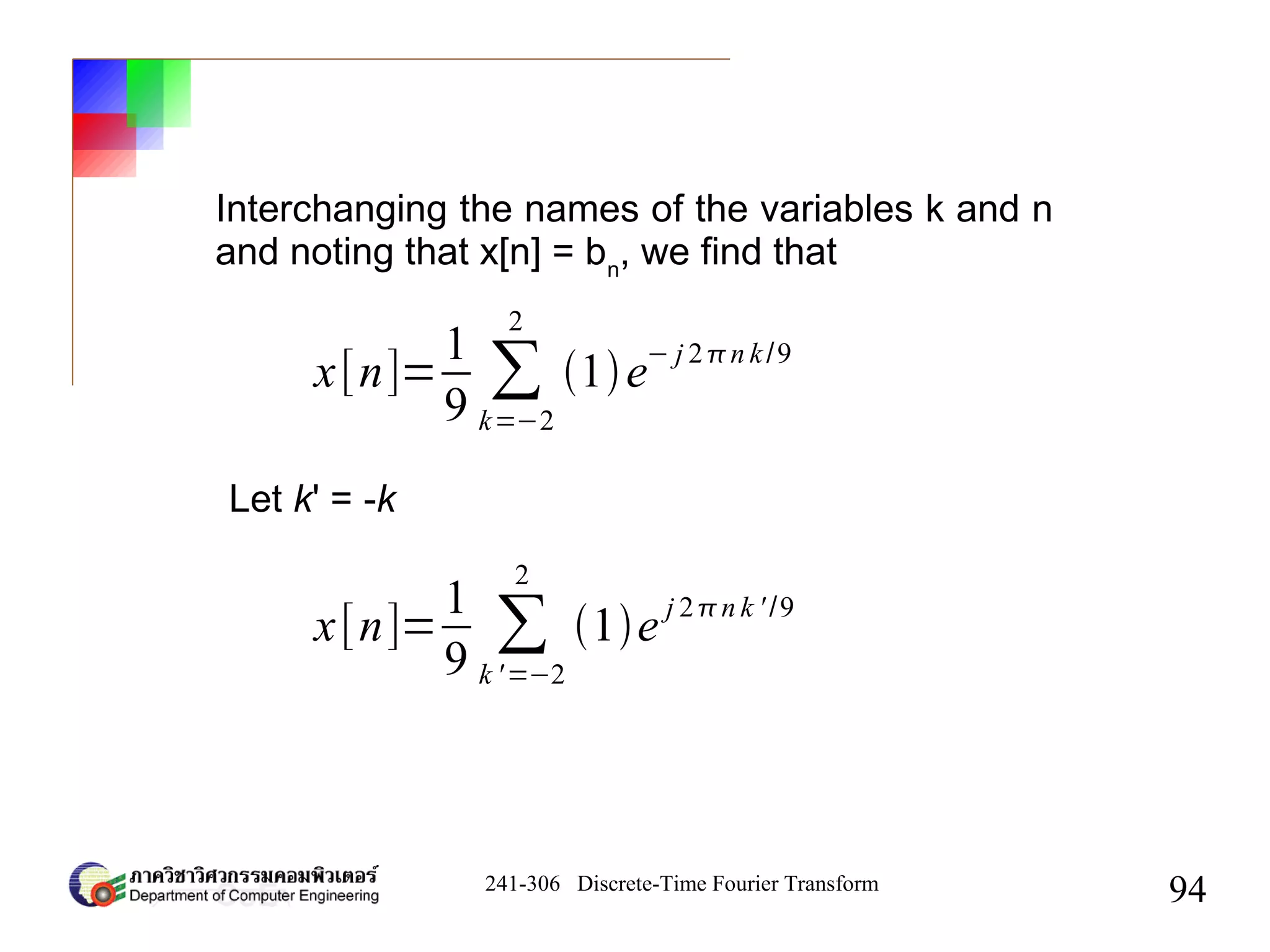241-306 Discrete-Time Fourier Transform
94
x[n]=
1
9
∑
k=−2
2
1e
− j 2n k/9
Let k' = -k
x[n]=
1
9
∑
k '=−2
2
1e
j 2n k ' /9
Interchanging the names of the variables k and n
and noting that x[n] = bn
, we find that
 