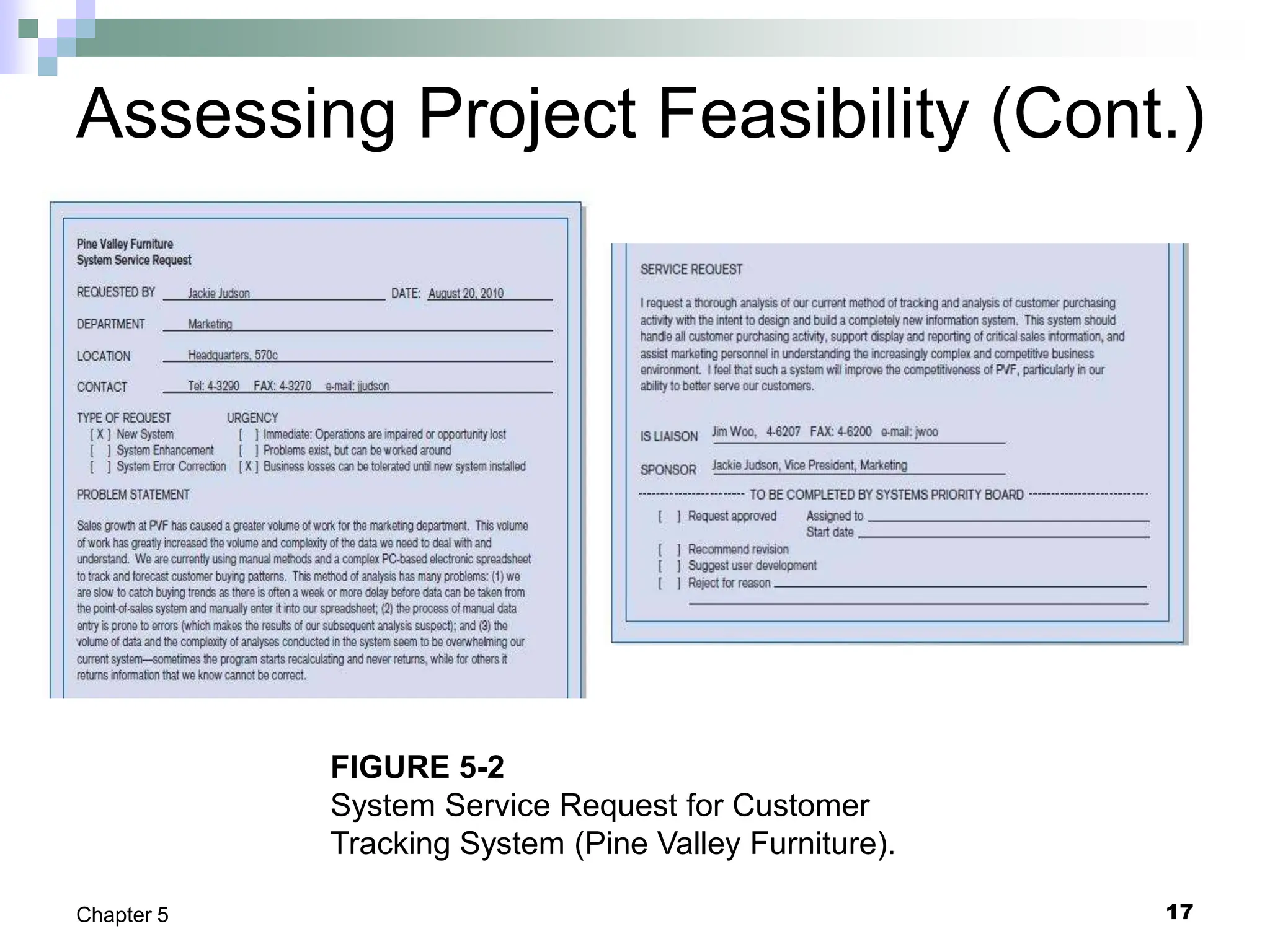 17
Chapter 5
Assessing Project Feasibility (Cont.)
FIGURE 5-2
System Service Request for Customer
Tracking System (Pine Valley Furniture).
 