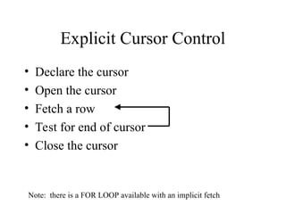 Explicit Cursor Control
• Declare the cursor
• Open the cursor
• Fetch a row
• Test for end of cursor
• Close the cursor
Note: there is a FOR LOOP available with an implicit fetch
 