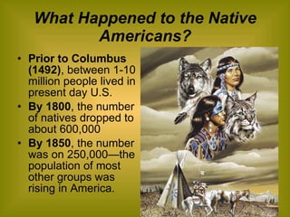 What Happened to the Native Americans? Prior to Columbus (1492) , between 1-10 million people lived in present day U.S. By 1800 , the number of natives dropped to about 600,000 By 1850 , the number was on 250,000—the population of most other groups was rising in America. 