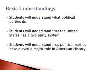  Students will understand that minor parties
have an effect on elections in many ways.
 Students will understand what th...
