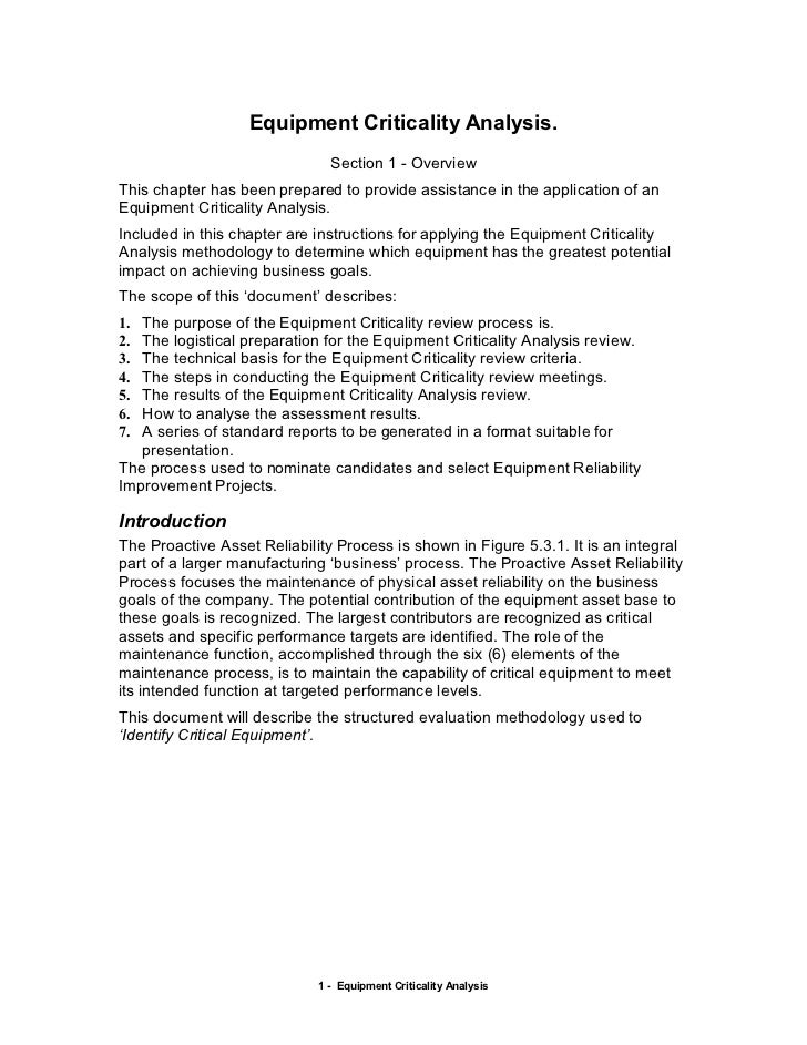 Equipment Criticality Analysis