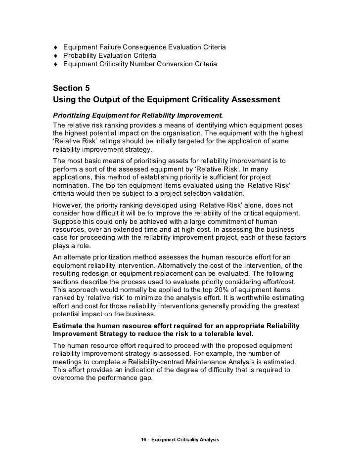 Equipment Criticality Analysis
